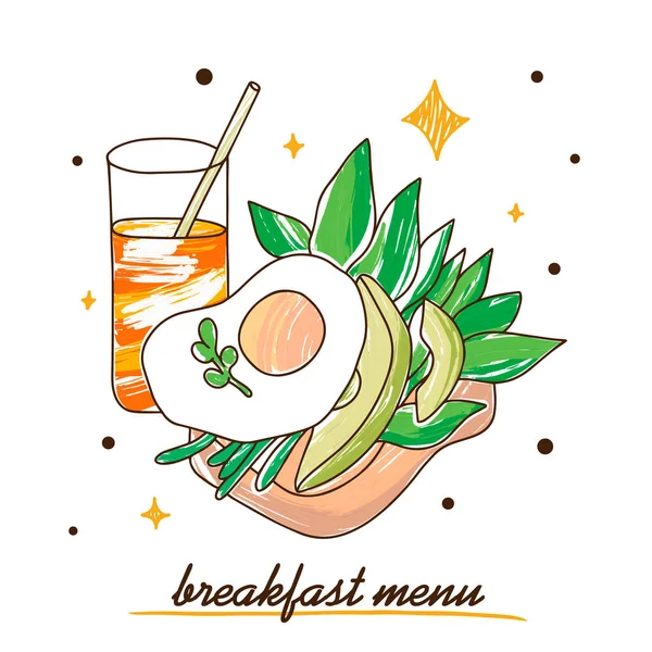Avokado Yumurtalı Sandviç Otlarla Süslenmiş Kahvaltı Menüsü Renkli Karalama Tarzı — Stok Vektör