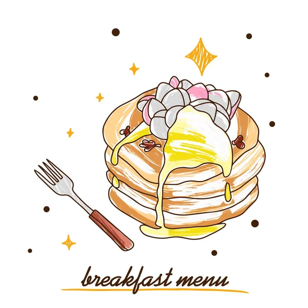 Pannkakor Med Honung Och Marshmallows Frukost Meny Färgglada Doodle Stil — Stock vektor
