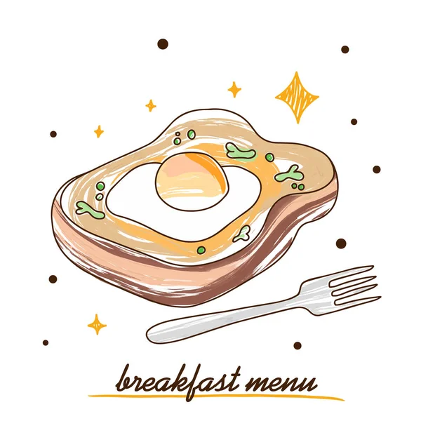 Αυγό Ψωμί Νόστιμο Τοστ Πρωινό Μενού Πολύχρωμο Doodle Στυλ Εικονογράφηση — Διανυσματικό Αρχείο