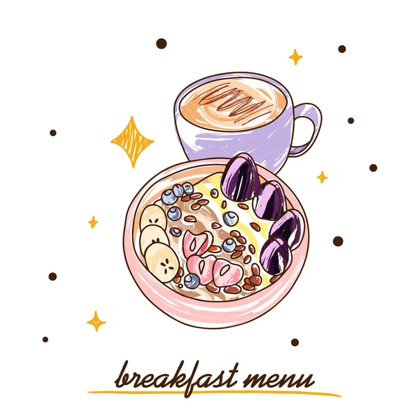 朝食メニュー フルーツとホットコーヒーとオートミール クリームとアメリカーノ カラフルなドアスタイルのイラスト — ストックベクタ
