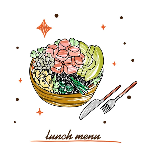 Μεσημεριανό Μενού Σιτάρι Χυλό Λαχανικά Και Κρέας Πολύχρωμο Doodle Στυλ — Διανυσματικό Αρχείο