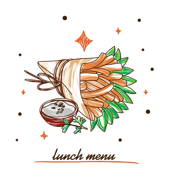 有菠菜叶和美味酱汁的薯条 午餐菜单 色彩艳丽的涂鸦式插图 — 图库矢量图片