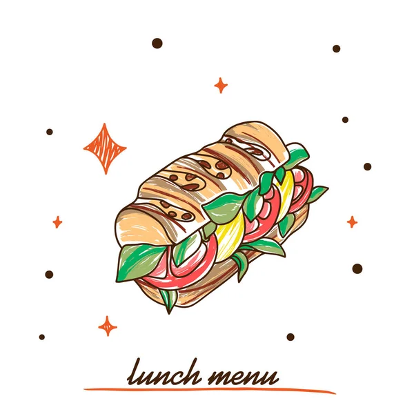 Baguette Νόστιμο Τυρί Και Ντομάτες Μεσημεριανό Μενού Πολύχρωμο Doodle Εικονογράφηση — Διανυσματικό Αρχείο