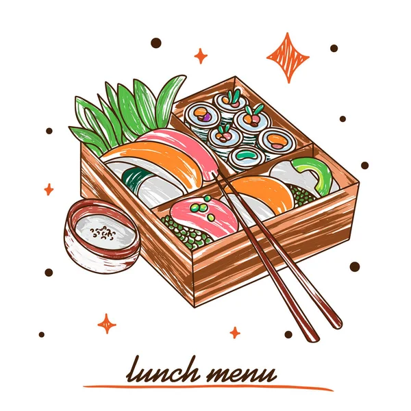 Chutné Závitky Sushi Omáčkou Obědové Menu Barevný Doodle Styl Ilustrace — Stockový vektor