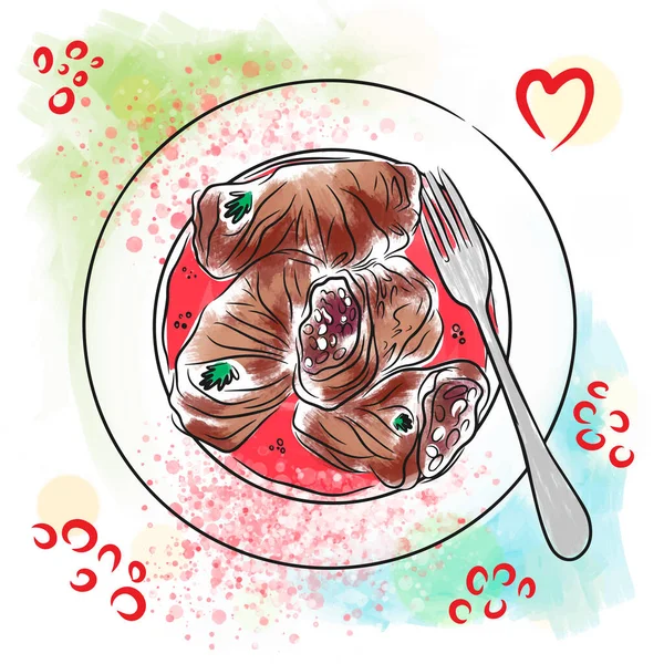 水彩菜 卷心菜 带有肉的卷心菜 欧洲菜 涂鸦式插图 — 图库矢量图片
