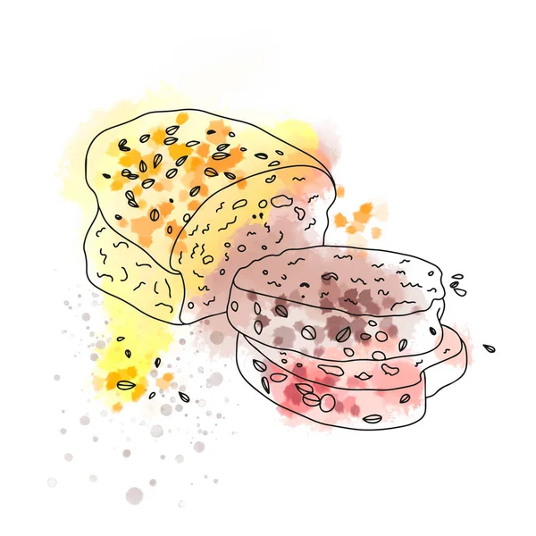 Σπιτικό Ψωμί Μαλακά Τεμαχισμένα Κομμάτια Φόντο Ακουαρέλας Doodle — Διανυσματικό Αρχείο