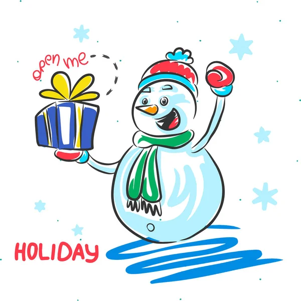 Cartoon Snowman White Background Gift Holiday Doodle — Stock Vector