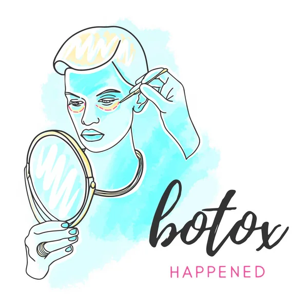 Botox happiness, handwritten quote, beautiful girl portrait, watercolor, beauty procedure doodle style