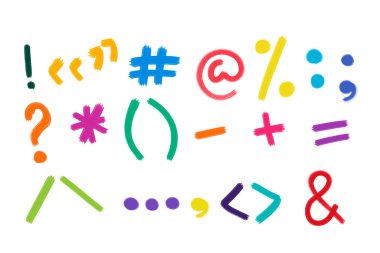 Karalama tarzında bir fırçayla çizilmiş semboller ve noktalama işaretleri, çiçeklerin farklı renkleri, bilgi grafikleri için elementler