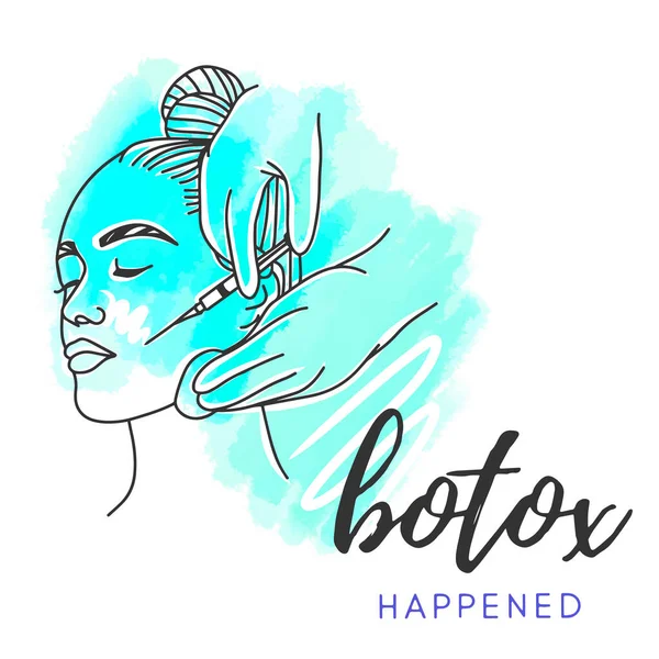 Girl getting injections for beauty, Botox Happiness, handwritten quote, doodle style