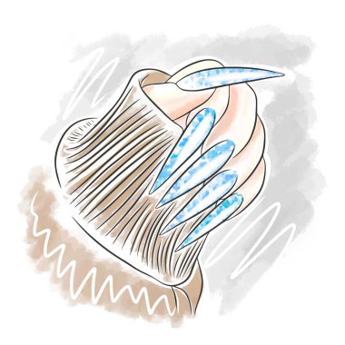 Deniz tonlarında güzel suluboya çiviler, manikür tasarımı, karalama stili vektör çizimi