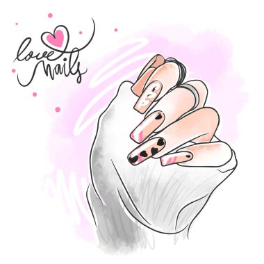 Stylish nail design in nude tones with hearts, love nails, handwritten quote, holiday manicure