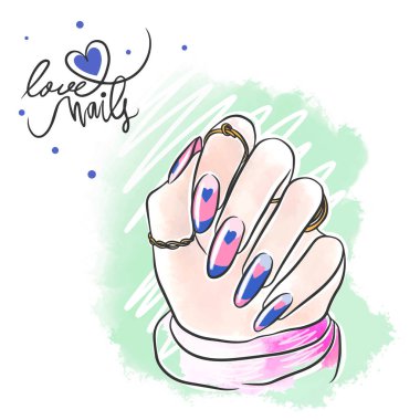 Modern blue pink nail design, long nails, love nails, handwritten quote, trendy manicure