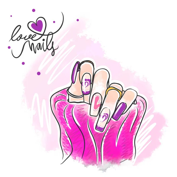 Модный Фиолетовый Розовый Дизайн Ногтей Длинные Ногти Любовь Ногти Рукописная Лицензионные Стоковые Векторы
