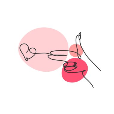 Love, one line drawing, heart shot, hand, ink on geometric shapes, elegant postcard decoration