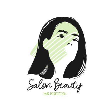 Hair Perfect, beauty salon, logo with a contour of a girl with long hair on a watercolor stain, banner decoration