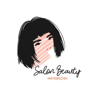 Beautiful girl with bob, perfect hairstyle, beauty salon, watercolor stain logo, banner decoration
