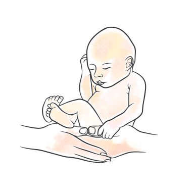Beautiful newborn baby in hands, cute postcard, doodle style vector illustration