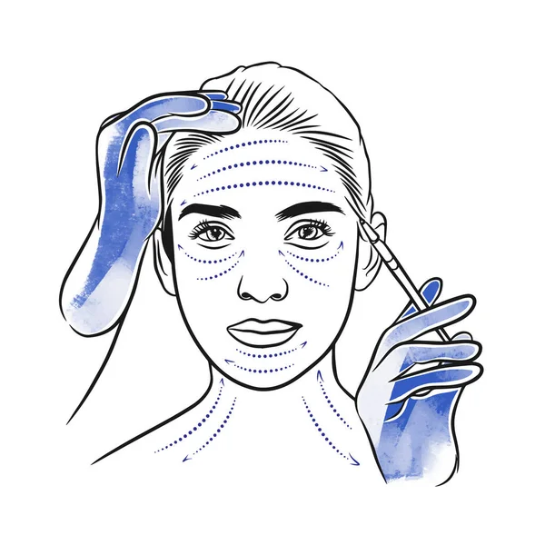 Botox, beauty injections, portrait of a girl with markup, syringe in gloved hands, doodle style illustration