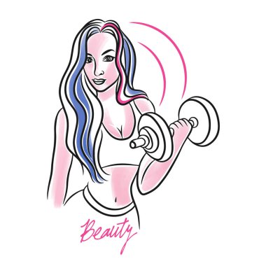Elinde bir kettlebell, güzel bir vücut, güzellik, el yazısı, spor, karalama
