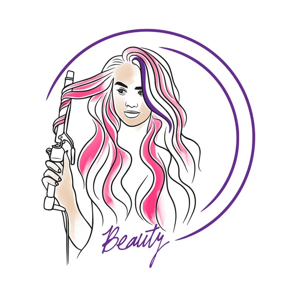 Beauté Lettrage Main Belle Fille Coiffeur Boucles Longues Outils Cheveux — Image vectorielle