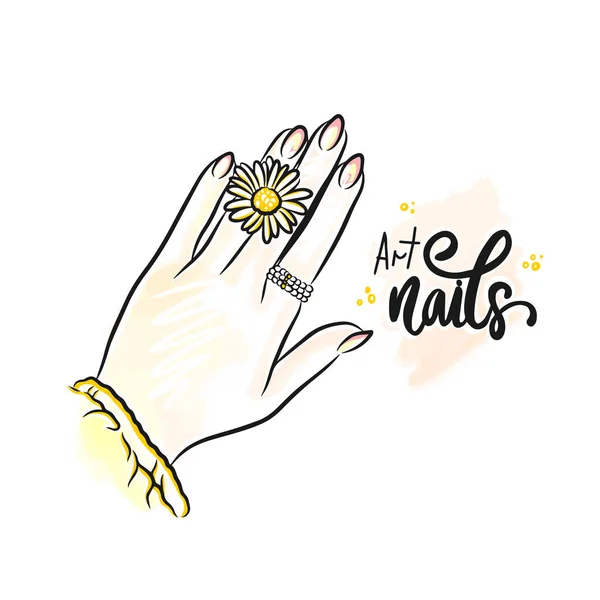 Long Nails Chamomile Trendy Nail Design Hand Lettering Delicate Trench — Stock Vector