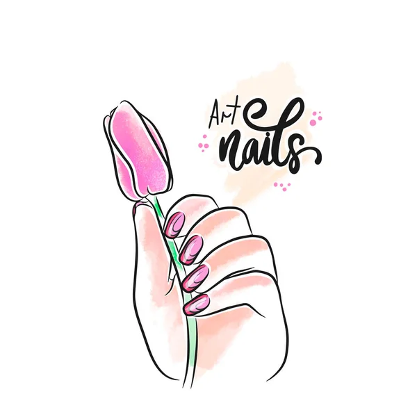 Tulipa Rosa Mão Com Belo Design Unhas Letras Mão Manicure —  Vetores de Stock