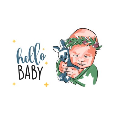 Moda bir kartpostal, merhaba bebeğim, el yazısı, kafasında çelenk ve mavi bir oyuncak olan küçük kız, karalama stilinde yeni doğmuş, pastel fırça darbeleri