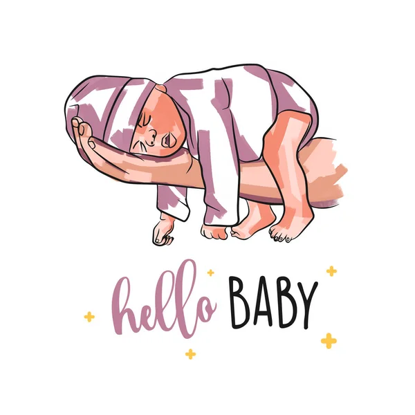 Prachtige Kaart Met Slapende Baby Hand Pasgeboren Doodle Stijl Hallo — Stockvector