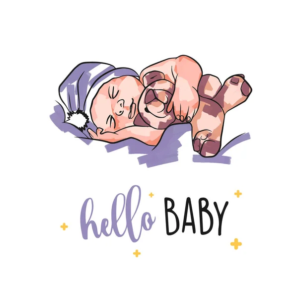 Baby Usínání Karta Hračkou Novorozeně Stylu Doodle Ahoj Dítě Ruční — Stockový vektor