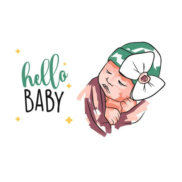 Cartão Bonito Com Menina Recém Nascido Estilo Doodle Olá Bebê —  Vetores de Stock