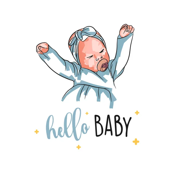 おしゃれなベビーポストカード ドアスタイルで生まれたばかりの こんにちは赤ちゃん 手のレタリング パステルブラシストローク — ストックベクタ