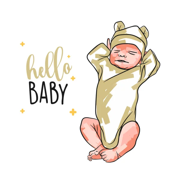 Neugeborene Babykarte Hallo Baby Handschrift Baby Doodle Stil Pastellfarbene Pinselstriche — Stockvektor