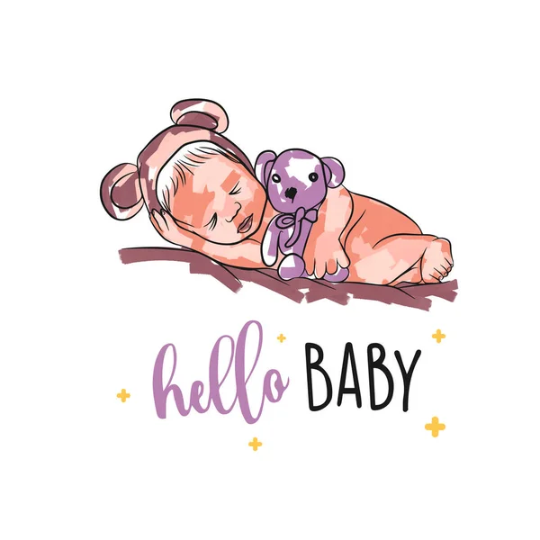 Cartão Recém Nascido Engraçado Com Ursinho Pelúcia Olá Bebê Letras —  Vetores de Stock