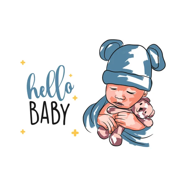 Baby Card Baby Hello Baby Hand Lettering Baby Doodle Style — Stock Vector