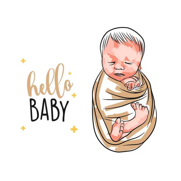 こんにちは赤ちゃん 白い背景にドアスタイルの赤ちゃん パステルブラシストロークでカード上のかわいい新生児の睡眠 — ストックベクタ