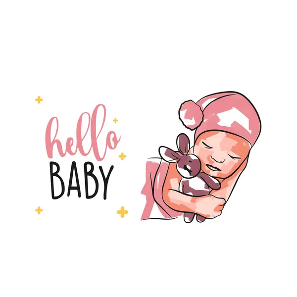 Recém Nascido Bonito Chapéu Engraçado Cartão Com Inscrição Olá Bebê —  Vetores de Stock