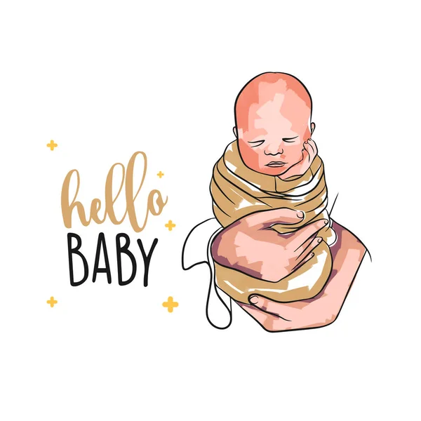 Postkarte Für Neugeborene Baby Den Händen Der Mutter Hallo Baby — Stockvektor