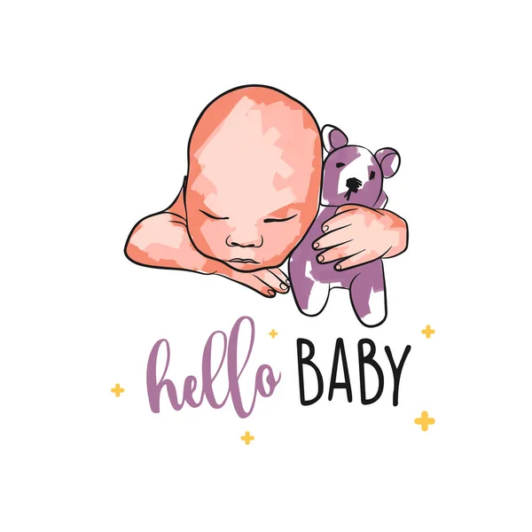 Cartão Recém Nascido Moderno Bebê Com Brinquedo Olá Bebê Estilo —  Vetores de Stock