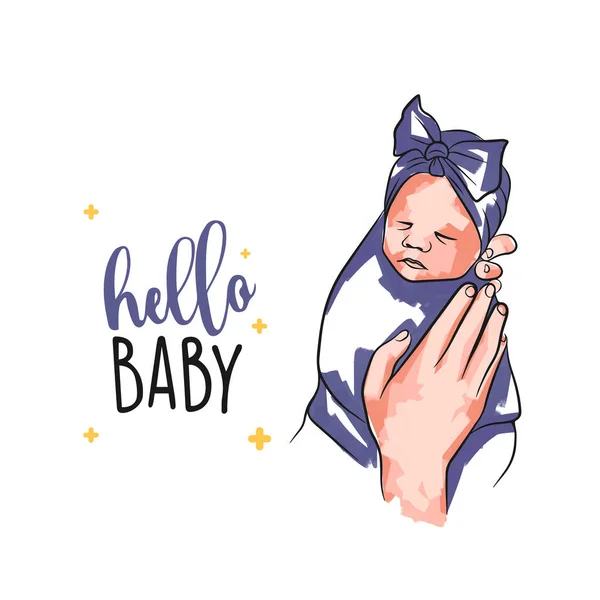 Modekarte Für Neugeborene Babymädchen Den Händen Hallo Baby Doodle Stil — Stockvektor