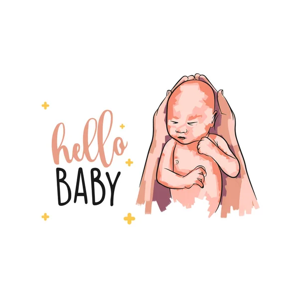Pasgeboren Baby Handen Ansichtkaart Pasteltinten Hallo Baby Doodle Stijl Een — Stockvector