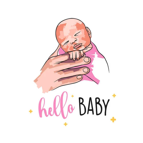 Mans Hand Hält Eine Neugeborene Pastellfarbene Postkarte Hallo Baby Doodle — Stockvektor