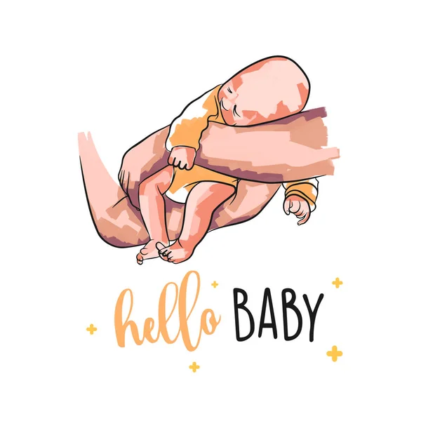 Pasgeboren Baby Slaap Gevallen Papa Armen Ansichtkaart Met Pastel Slagen — Stockvector