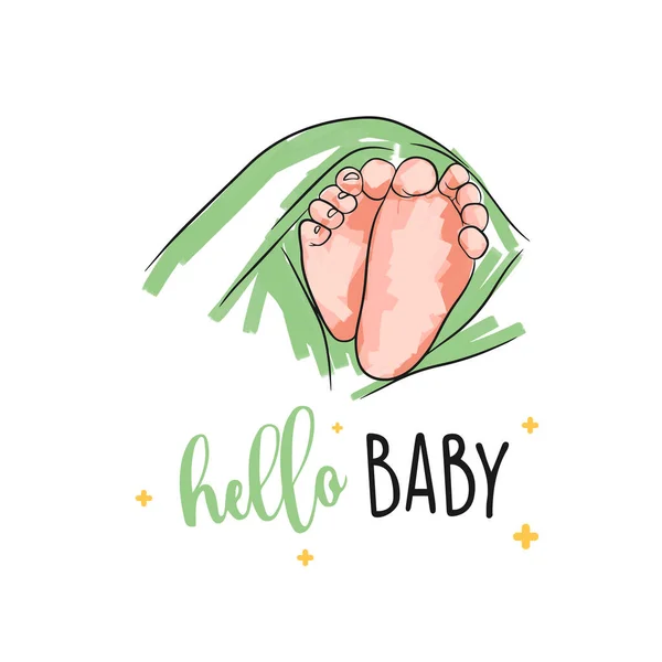 Pés Bebê Recém Nascido Cartão Postal Com Traços Cama Olá —  Vetores de Stock