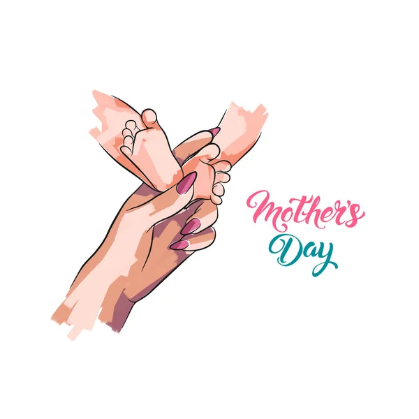 Χέρια Της Μαμάς Κρατούν Πόδια Ενός Νεογέννητου Ημέρα Της Μητέρας Royalty Free Διανύσματα Αρχείου