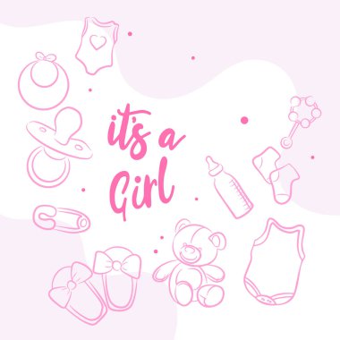 Doodle çocuklar parti seti, pembe elbiseli ve oyuncakların şirin çizimleri.