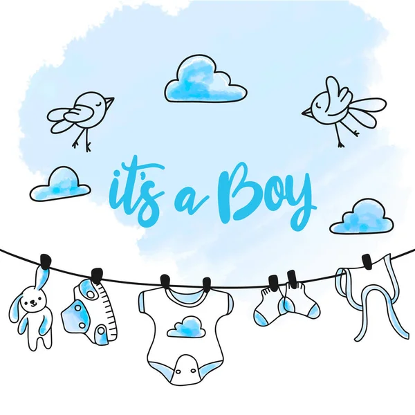 性别派对 宝宝生日卡片上有涂鸦风格的装饰 是个男孩 手写的字母 — 图库矢量图片