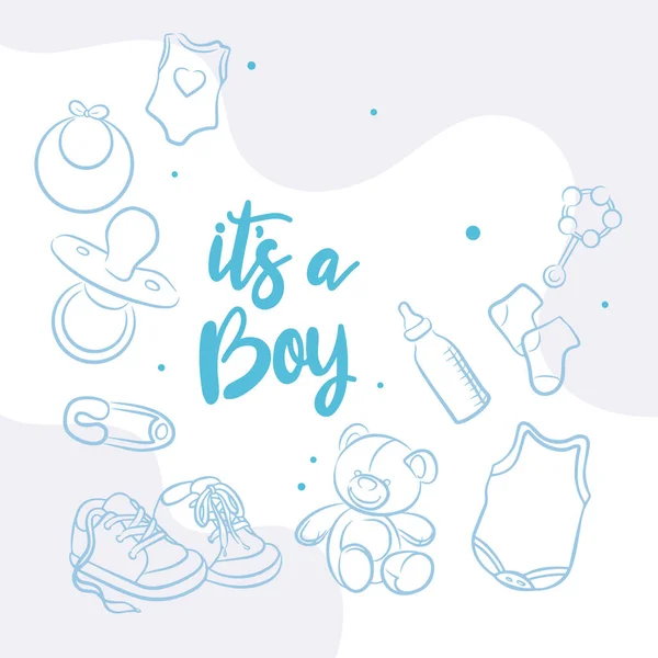 儿童节为一个男孩设计的涂鸦 可爱的蓝色玩具和服装插图 — 图库矢量图片