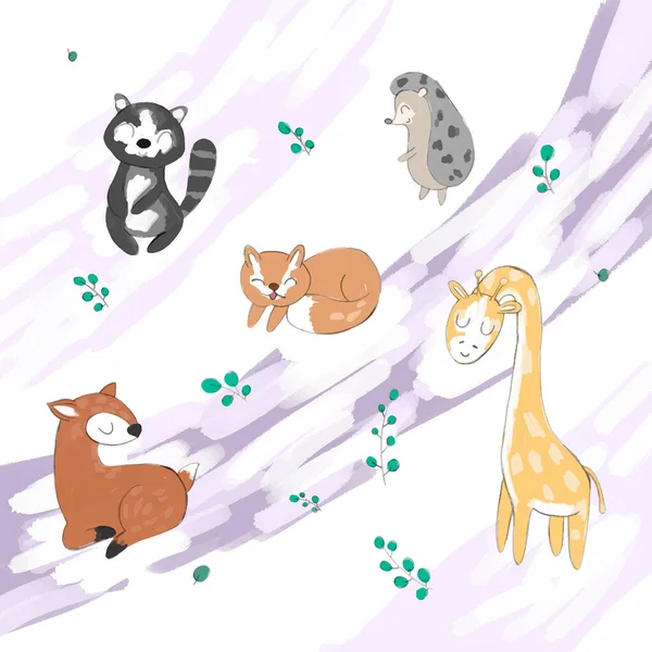 水彩画背景上的森林动物 儿童背景上的紫色暖色调 — 图库矢量图片