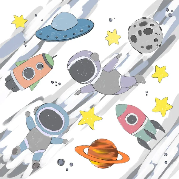 Utrymme Akvarell Bakgrund Stjärnor Och Planeter Astronauter Barn Bakgrund Varma — Stock vektor